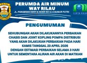 Perbaikan Pompa, PDAM Way Rilau Hentikan Sementara Aliran Air di Lima Kecamatan